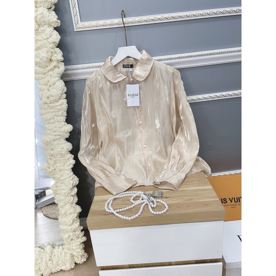 Áo sơ mi tơ lụa màu be tây cổ sen tay bồng sang chảnh áo sơ mi công sở TL024