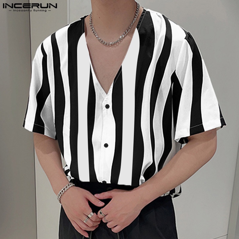 Áo sơ mi INCERUN tay lửng họa tiết kẻ sọc thời trang cho nam
