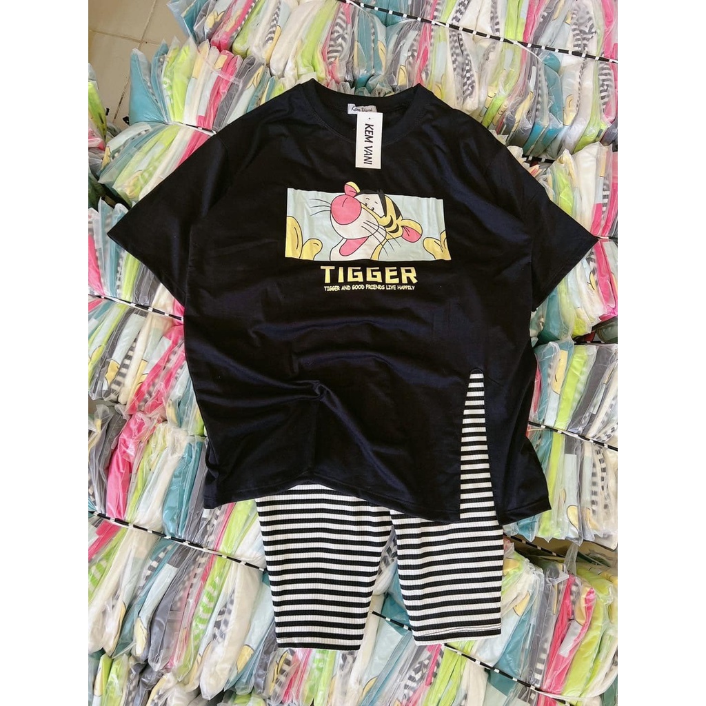 Đồ bộ nữ, set đồ bộ quần sọc ngố thun gân và áo thun cotton ngắn tay form rộng freesize xẻ tà in hình cute, đồ mặc nhà