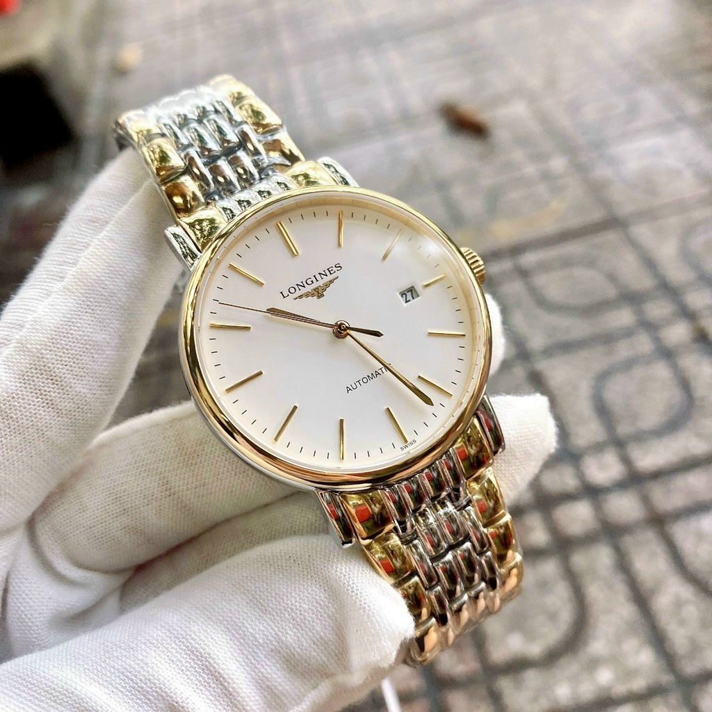 Đồng hồ Nam Longienss  cơ automatic cao cấp máy nhât số gạch 3kim 1 lịch dây kim loại size 40mm đơ mi trắng pha vàng