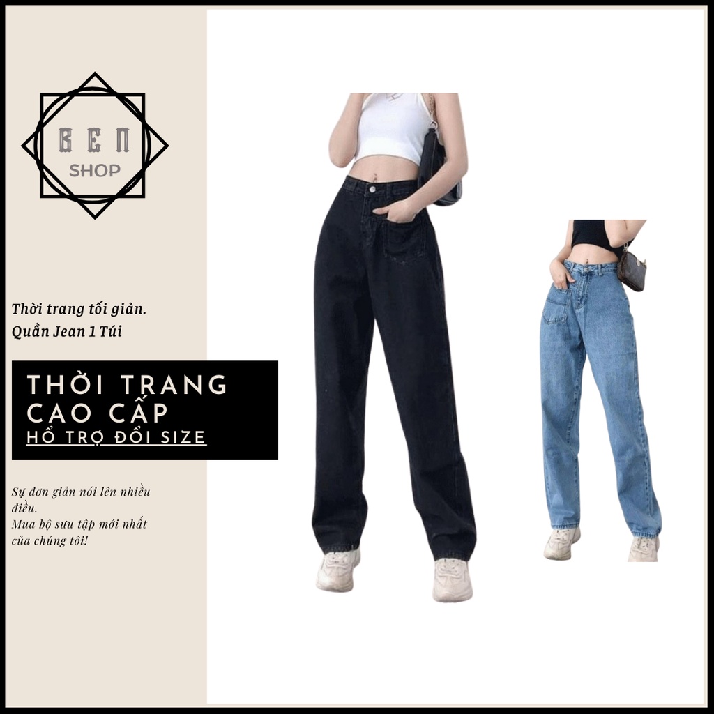 Quần jean ống rộng - Quần bò nữ dáng suông lưng cao 1 túi trước cá tính phong cách Hàn Quốc