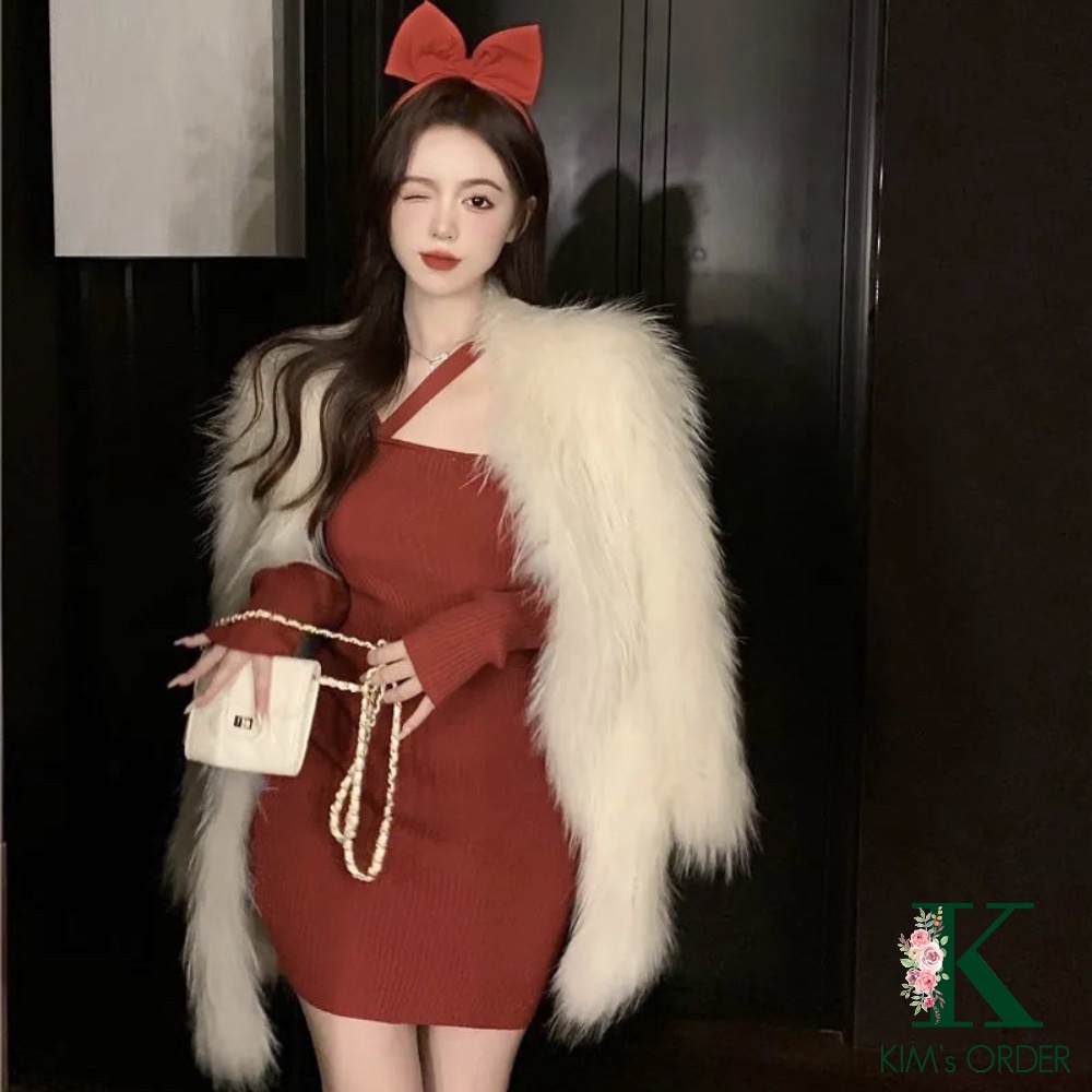 Đầm len body màu đỏ đen dây chéo trễ vai dài tay ôm sát sexy sang chảnh sành điệu mặc Noel Tết chất đẹp loại 1 co dãn