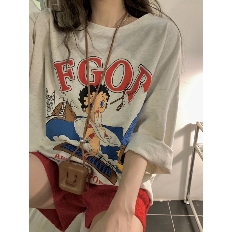 Áo Thun Tay Lỡ Cổ Tròn In Họa Tiết Phong Cách Retro Thời Trang Hàn Quốc Cho Nữ