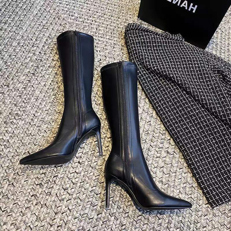 Giày bốt cao gót mũi nhọn gót nhọn cổ cao thời trang thu đông | BigBuy360 - bigbuy360.vn