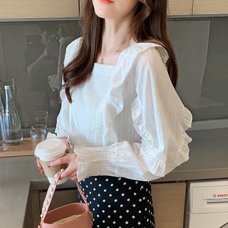 Áo sơ mi trắng tay dài phối ren phong cách hàn quốc