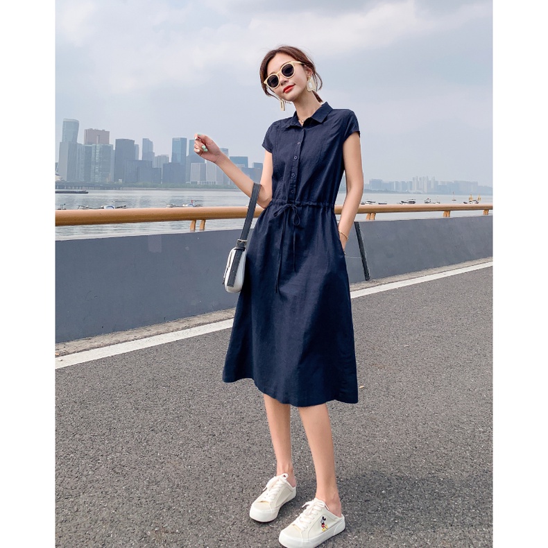 Đầm Linen nữ, Váy sơ mi rút eo tay hến 2 túi sườn thời trang trẻ phong cách Hàn Quốc