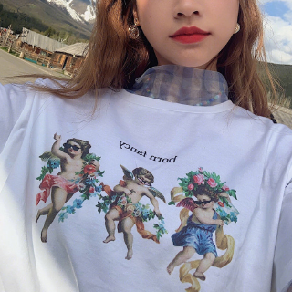 Áo Thun Ngắn Tay Dáng Rộng In Hình Thiên Thần Nhỏ Kiểu Retro Hàn Quốc Xinh Xắn