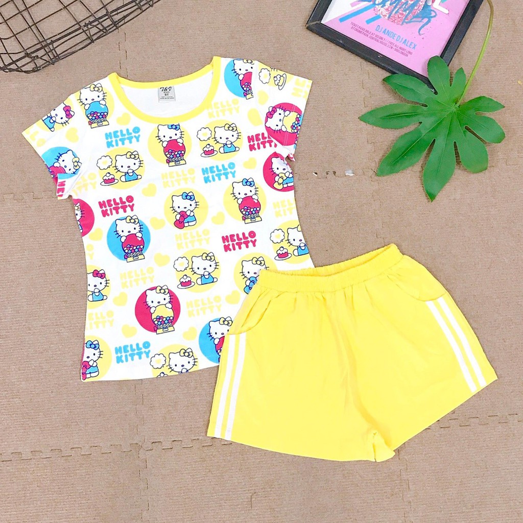 Bộ thun cotton bé gái in mèo hello kitty cho bé đi học