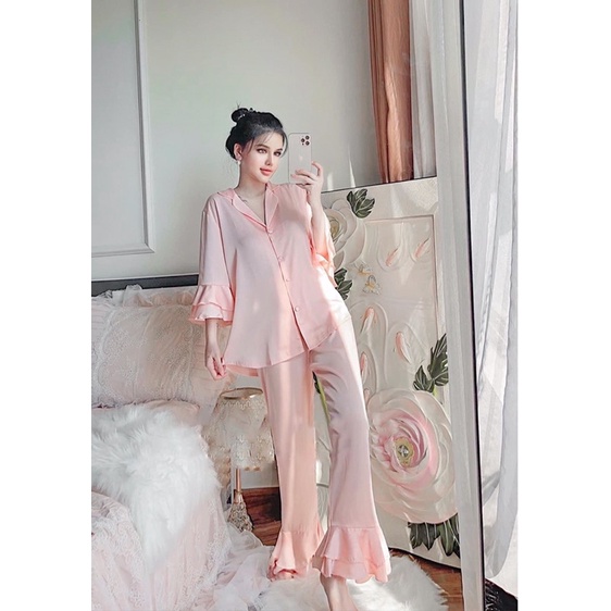 Bộ pijamma tiểu thư có cổ trắng hãng LULU VILL lụa satin cao cấp quảng châu