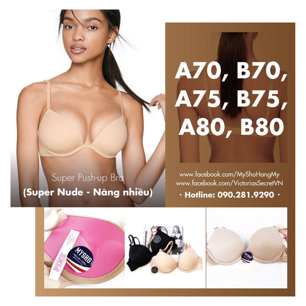 AA70, A70, B70, A75, B75, A80, B80 - Áo Super Push-up, màu nude, đen, nâng nhiều - Super Nude, Pink Victorias' Secret