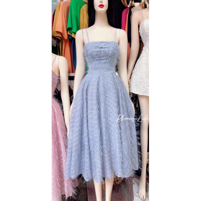 V296 - Đầm dự tiệc LEP STORE  đầm thiết kế 2 dây dáng maxi xòe dài chất ren lông 2 lớp cao cấp