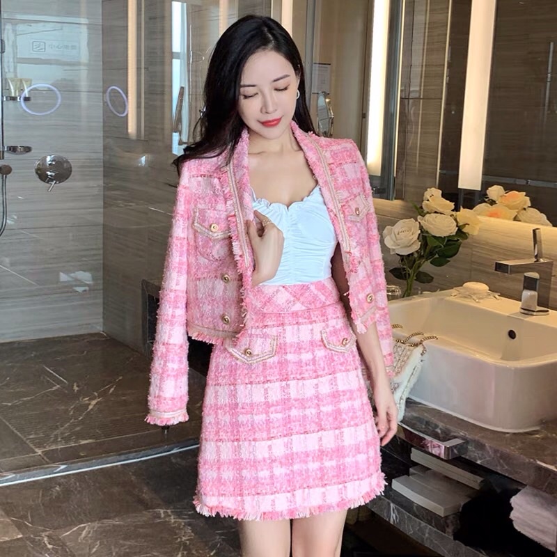 Sét Dạ Tweed Màu Hồng Ngọc Cao Cấp | Tomjune Shop S0011