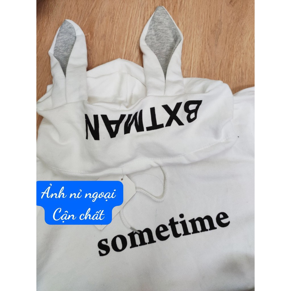 ÁO HOODIE TAI THỎ SOMETIME TRẮNG UNISEX - ÁO NỈ NGOẠI MŨ TAI XÁM IN CHỮ HOT