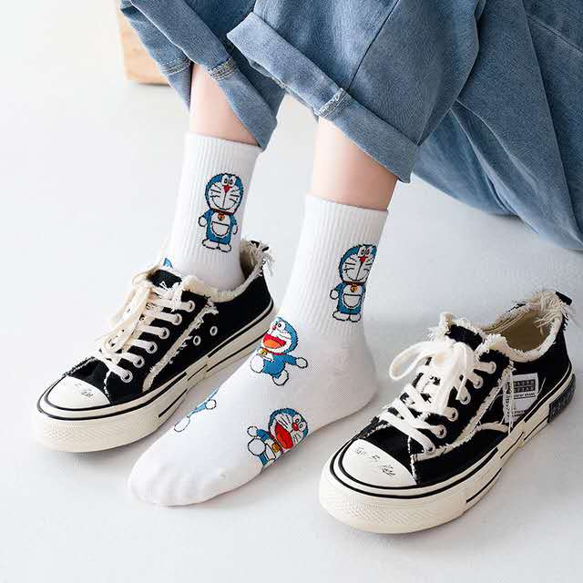 Set 10 đôi tất cao cổ nữ trắng hình đôremon đáng yêu, chất liệu thoáng mát, thấm mồ hôi hàng Quảng ChâuSHOPEMTRANG07