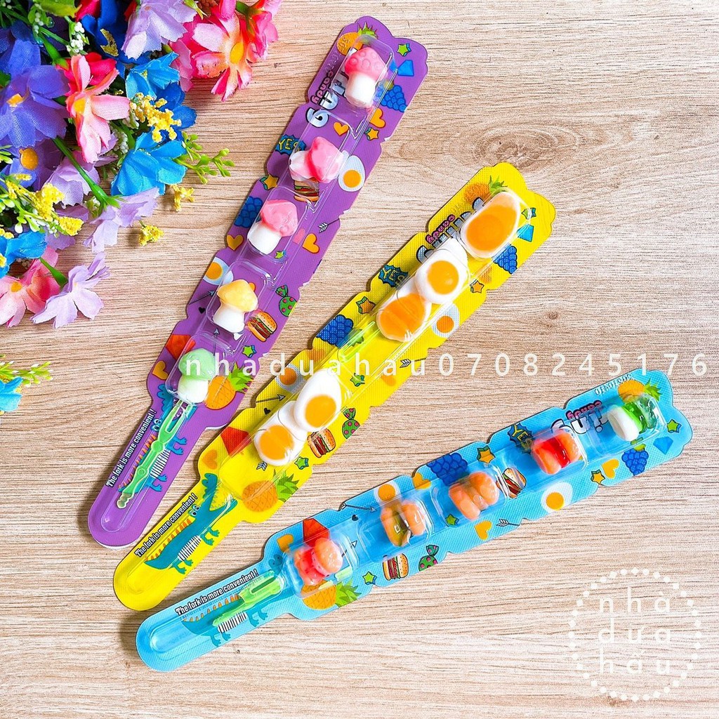 Combo 3 cây kẹo dẻo thạch vị trái cây mix hình nấm/ burger/ ốp la hiệu Funny Castle Hongkong kèm nĩa mini que 15g | BigBuy360 - bigbuy360.vn