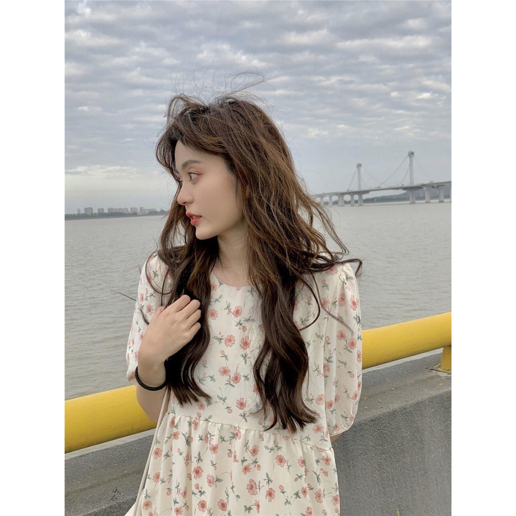 Váy babydoll hoa nhí dáng xòe cổ tròn tay bồng