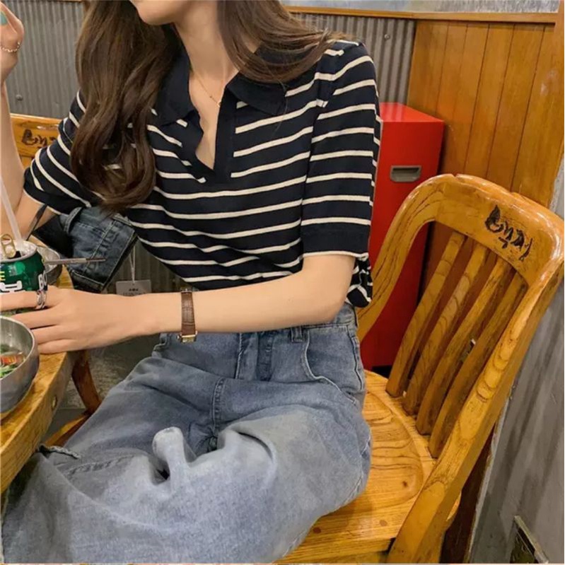 (Sẵn/Ảnh thật) Áo Polo nữ tay ngắn họa tiết kẻ ngang phong cách Hàn Quốc, Áo croptop kẻ ngang
