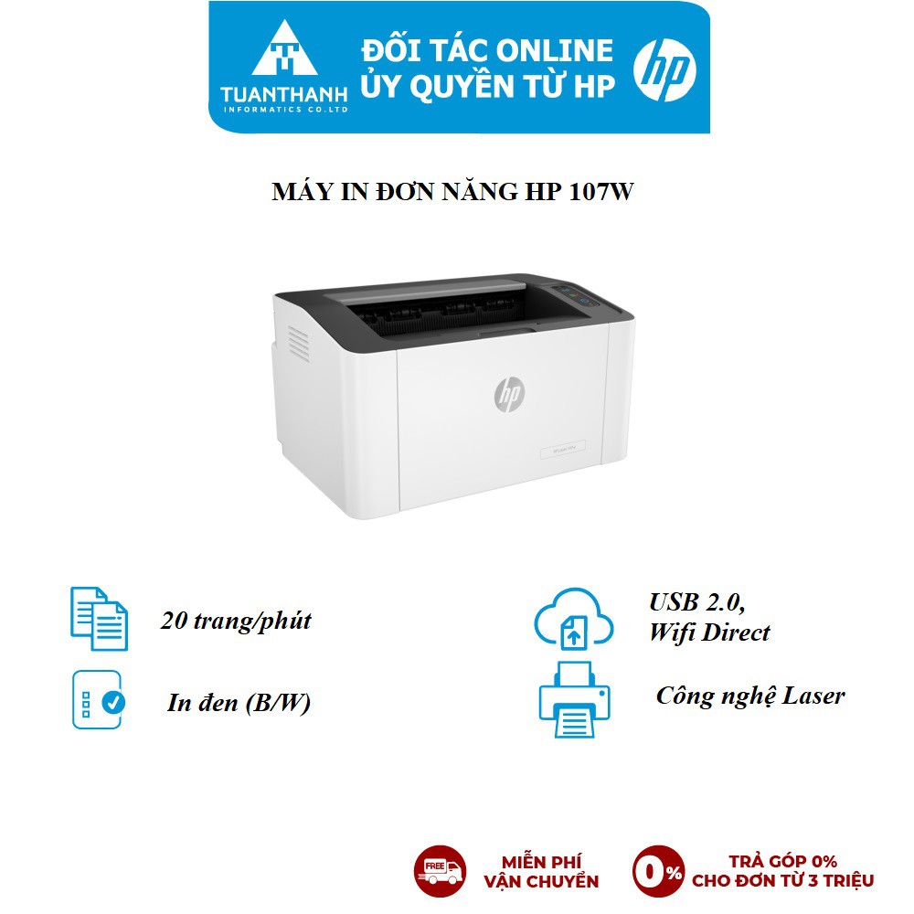 Máy in Laser trắng đen HP 107w Printer (In, Wifi, Trắng) 4ZB78A - Hàng Chính Hãng