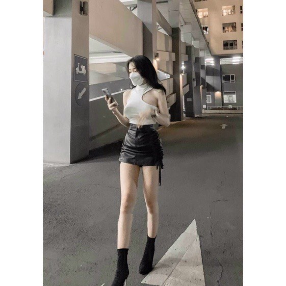 Chân váy da rút dây 2 bên lưng cao kèm lót trong from chữ A tôn dáng