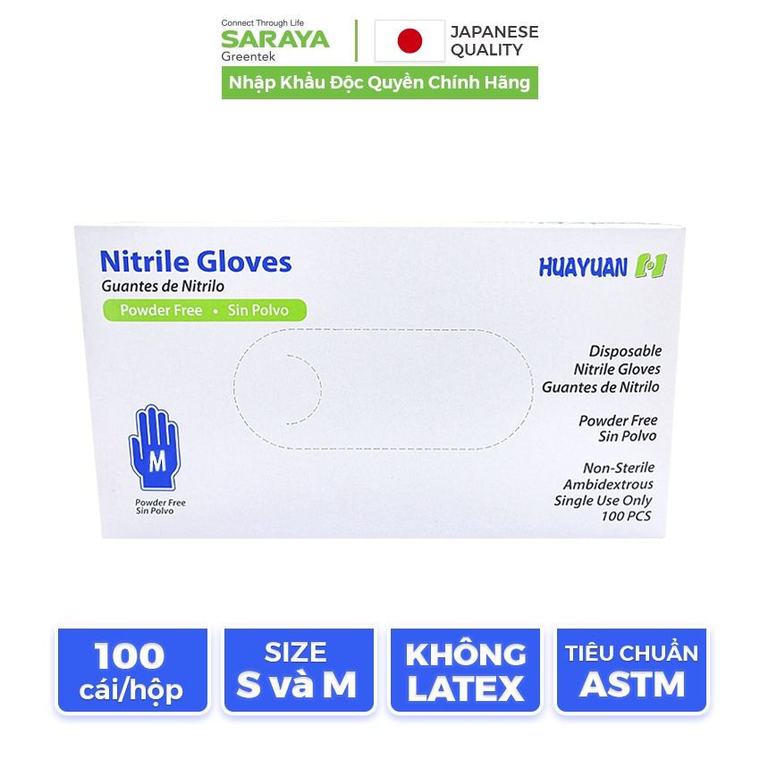 Găng tay cao su Saraya Nitrile HY Không Bột dùng trong thực phẩm, vệ sinh (Disposable Nitrile Gloves) - 100 Chiếc/Hộp