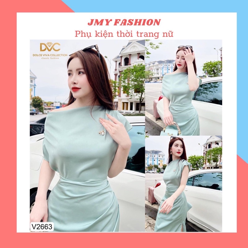 V2663 váy xanh mint lệch vai xẻ hông nữ tính - (DVC&ACC) Dolce viva colection