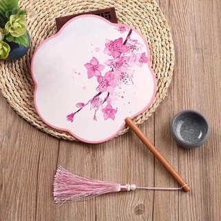 Quạt tròn cổ trang Trung Quốc in hoa vải lụa