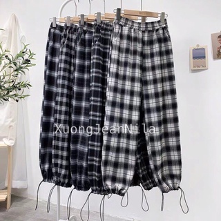Quần kẻ caro dây rút chân unisex mặc được 2 kiểu ống bôm và ống rộng