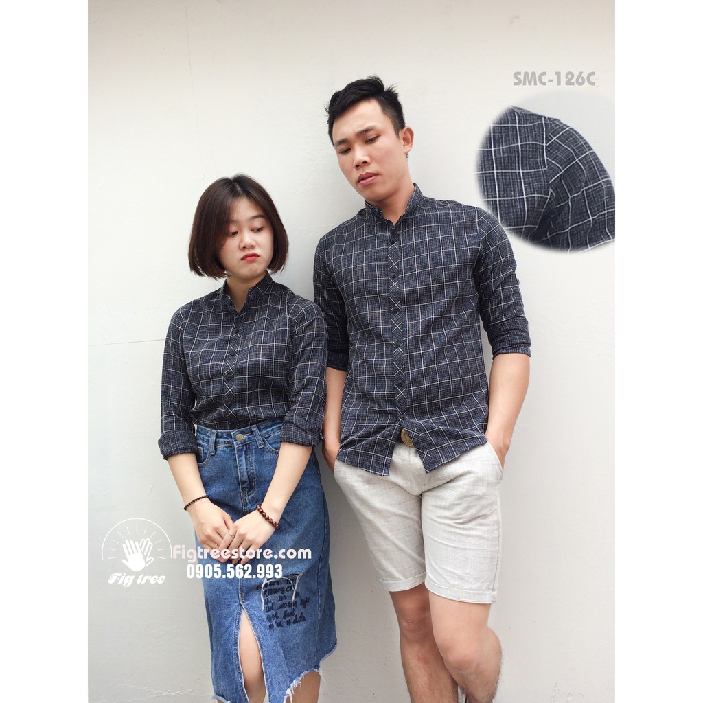 Áo đôi cổ trụ caro đen cực model