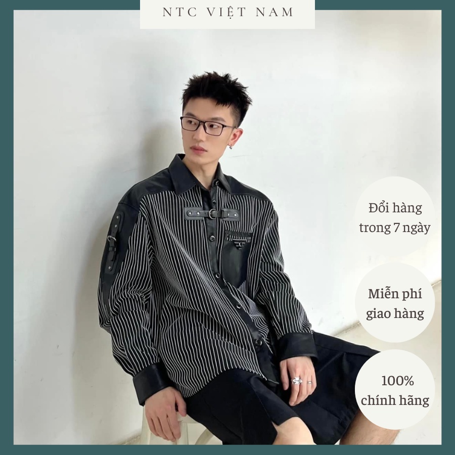Áo sơ mi nam dài tay sọc đen trắng phối da NTC A089