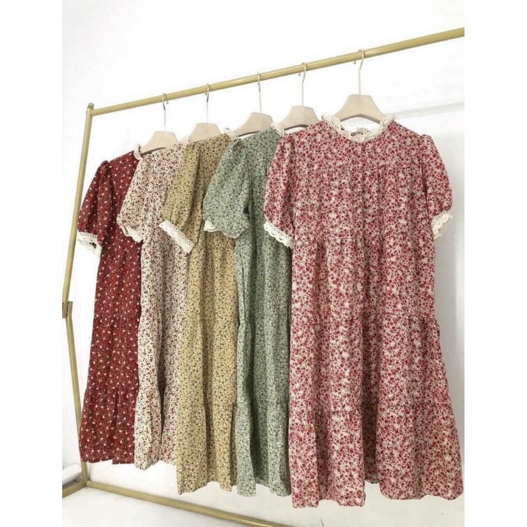 Váy Bầu Hoa Nhí Cổ Ren Mùa Hè Ngắn Tay Thiết Kế Xinh Xắn Vintage HD2821 Honey Mommy Đầm Bầu Công Sở Dáng Dài
