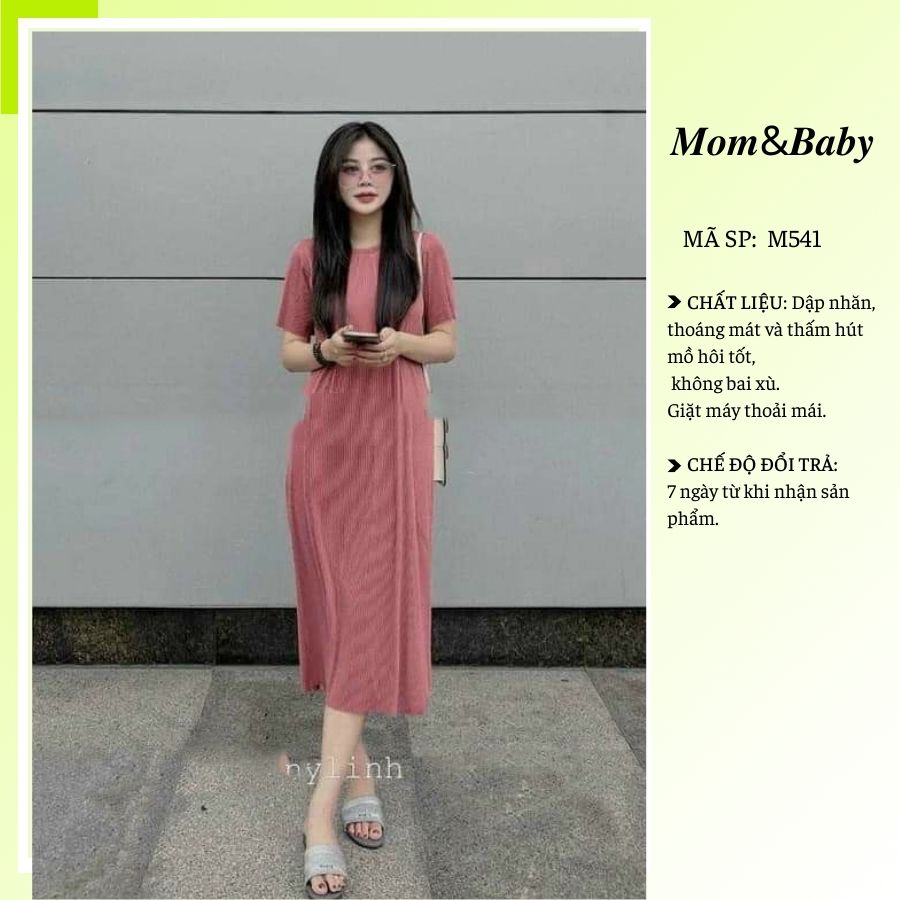 Váy bầu ngắn tay dập li nhỏ thời trang thiết kế công sở xinh xắn Mom and Baby M541