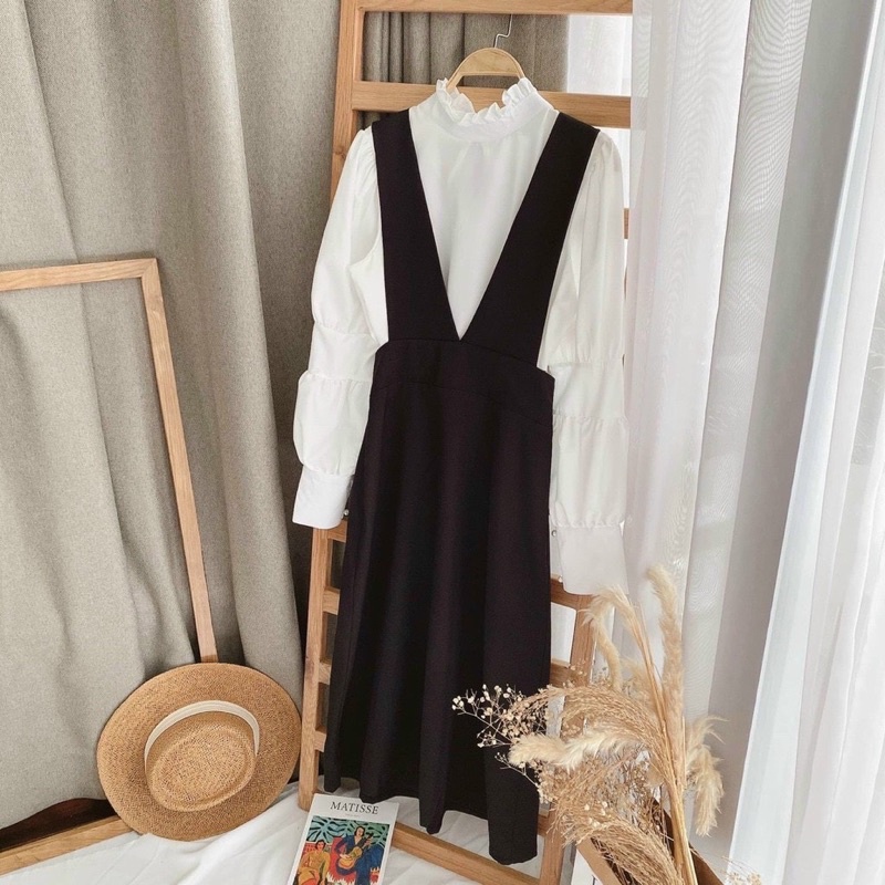 Sét Váy Yếm Ulzzang Phong Cách Hàn Quốc Kèm Áo Sơ Mi (Video+Ảnh Thật Shop Tự Chụp)