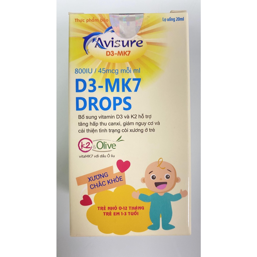 Avisure D3-MK7 Drops.Bổ Sung Vitamin D3,K2 Giúp Bé Hấp Thu Canxi,Phát Triển Chiều Cao