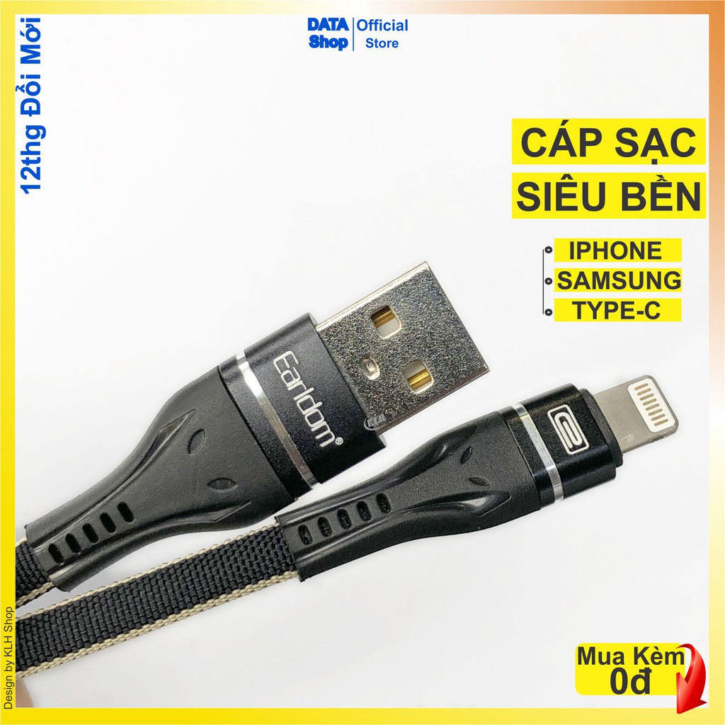 Cáp sạc siêu bền iphone Micro Type-C Lightning bọc dù chính hãng Earldom 084, Dây sạt nhanh dài 1m cho đện thoại DATA