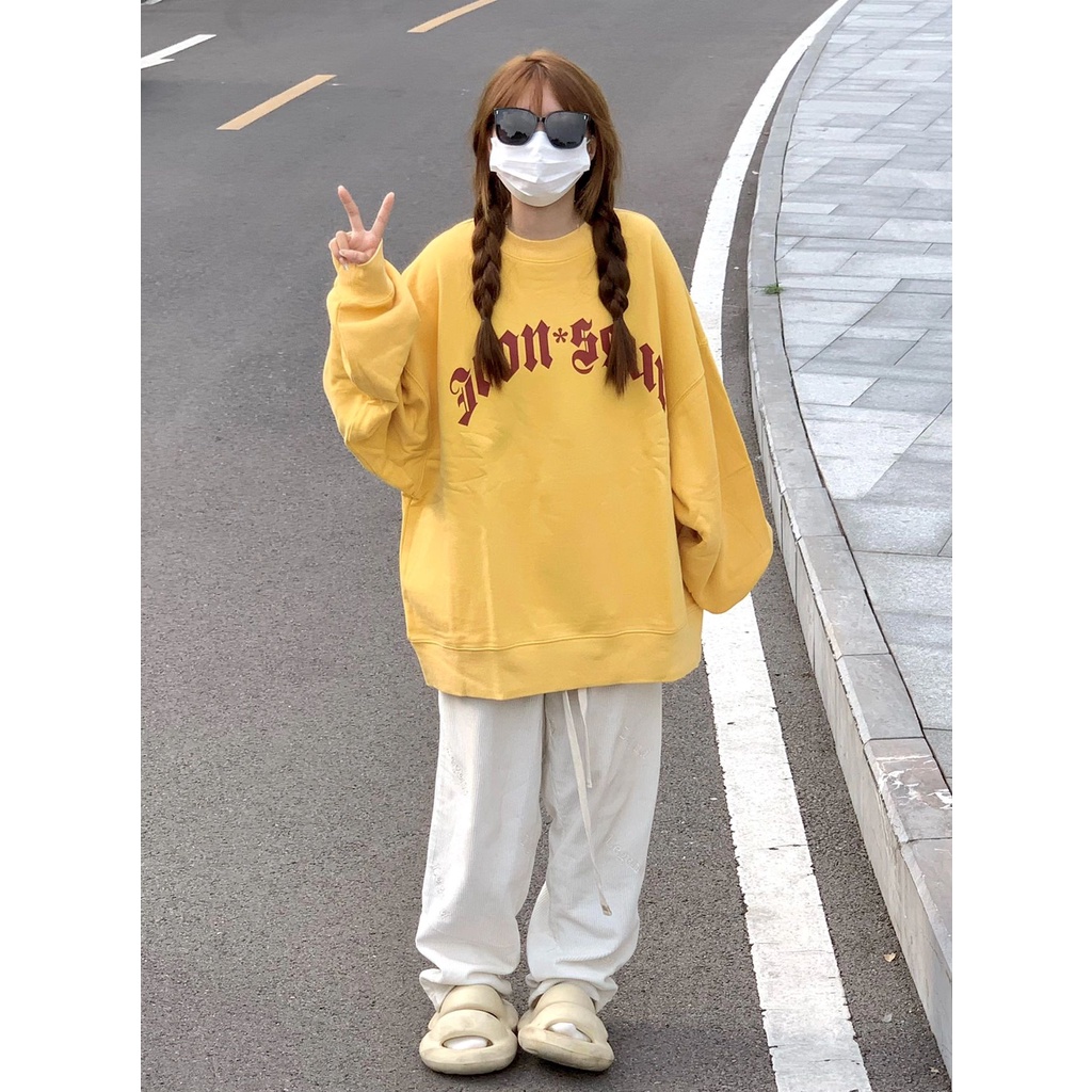 Welove1 Áo Nỉ Cổ Tròn Màu Vàng In Họa Tiết Vintage Mỹ Dễ Thương