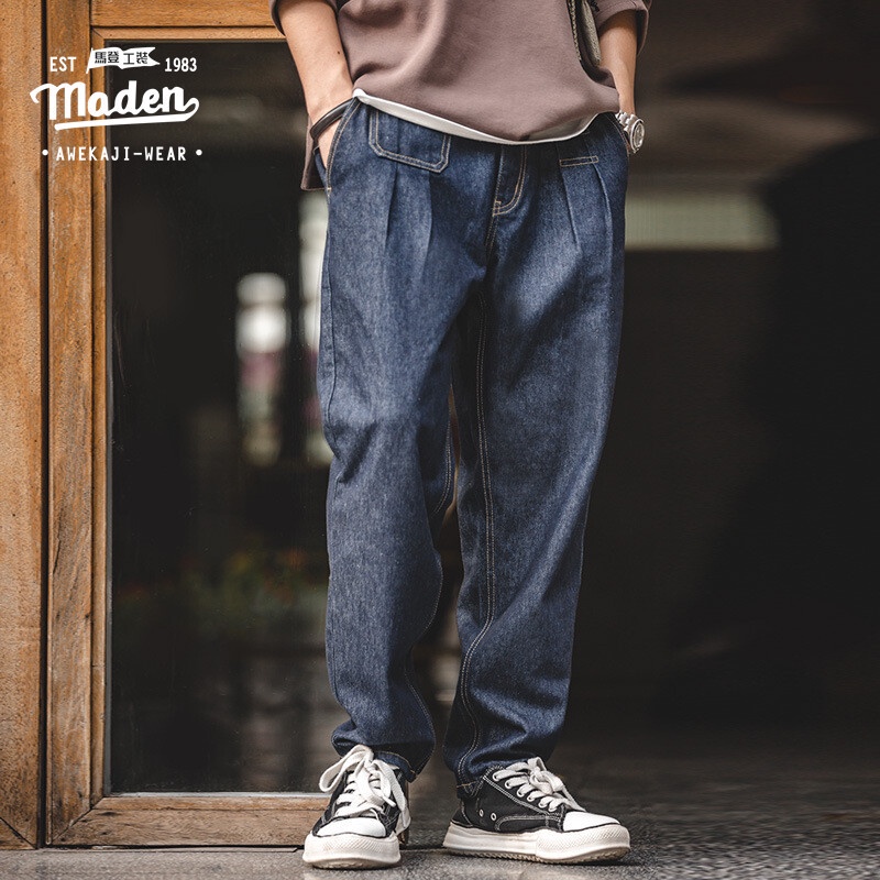 Quần jeans nam MADEN thời trang thu đông nhật bản màu retro chất liệu sờn màu dáng rộng