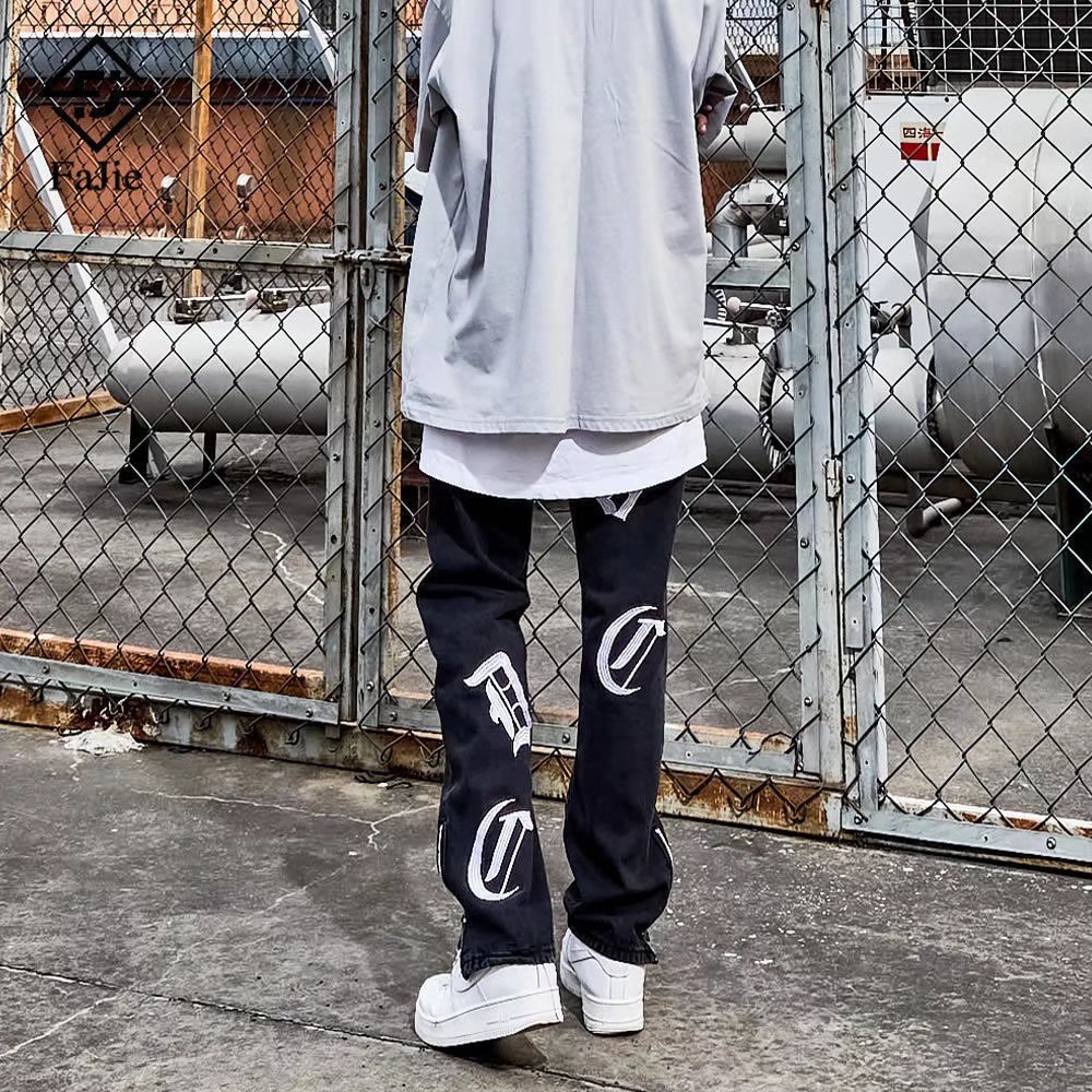Quần Jeans Thể Thao Ống Rộng Thêu Chữ Phối Khóa Kéo Bên Hông Phong Cách Đường Phố Mỹ Cá Tính Dành Cho Nam S-3XL