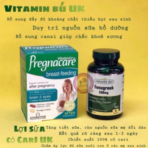 Combo lợi sữa vitamin bú Pregnacare breastfeeding và cỏ cà ri Fenugreek hàng chính hãng UK