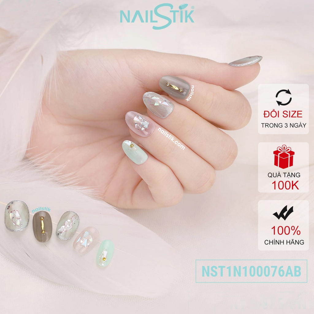 Móng úp thiết kế by NAILSTIK, màu xanh ngọc, xám, form móng bầu, ngắn/dài, 076