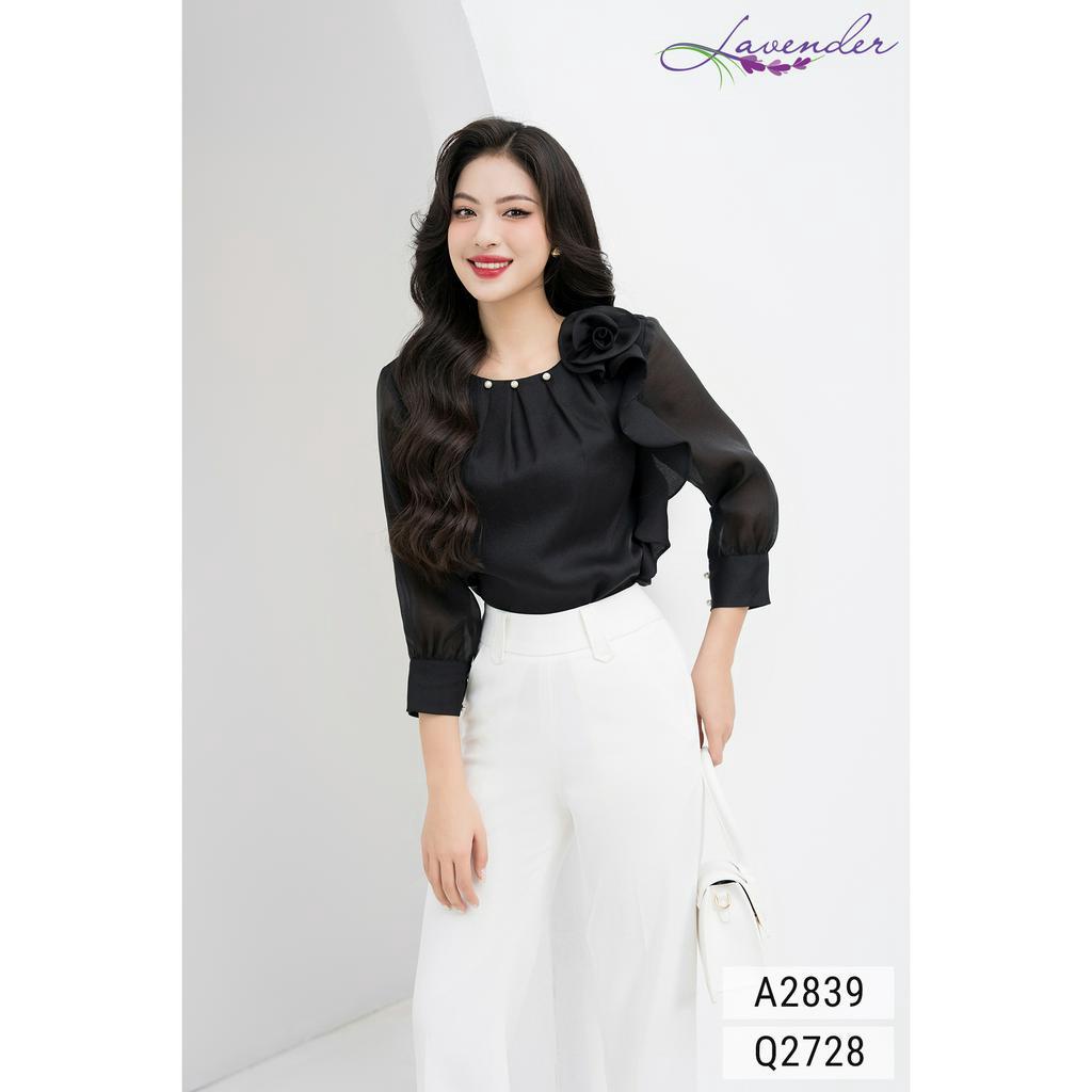 Áo sơ mi công sở nữ LAVENDER màu đen phối hoa vai A2839