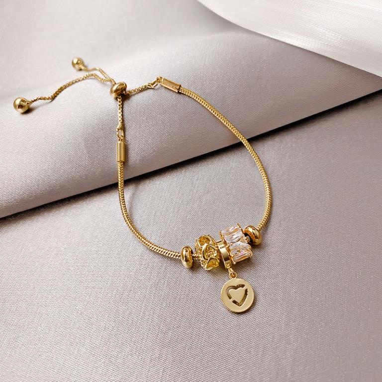 Lắc tay hạt Charm đính đá zircon JUNE có mặt trái tim Vòng tay nữ mặt hạt charm có chốt điều chỉnh kích thước thông minh