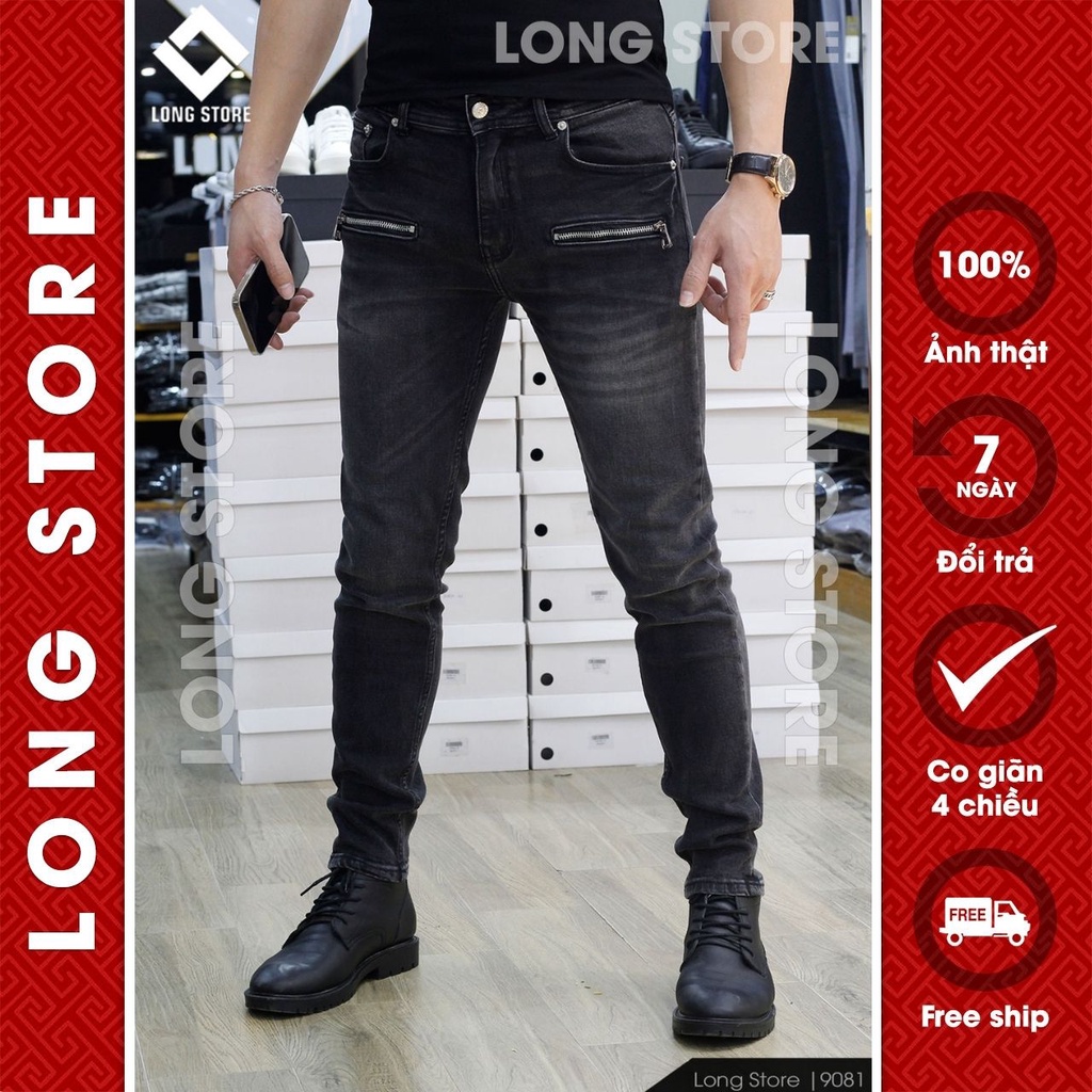 Quần jean nam đen trơn phối khóa đùi hàng siêu cấp chất bò co giãn dáng ôm skinny LONGSTORE 9081