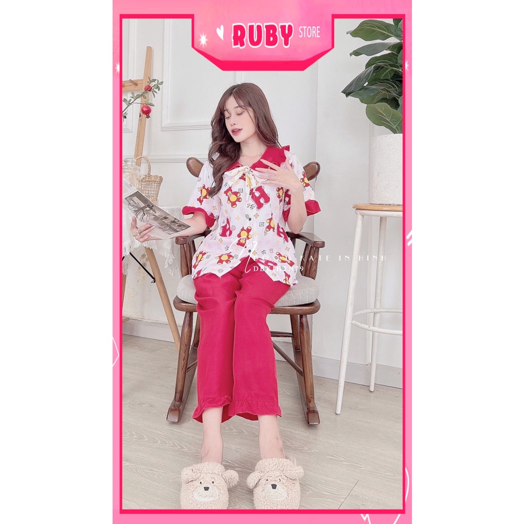 Đồ bộ tiểu thư cho nữ mặc nhà chất kate mềm mát in hình gấu hoạt hình dễ thương DBKIHTN79
