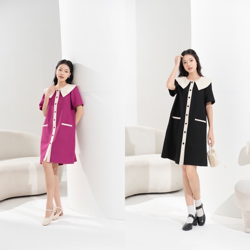 Đầm tweed dáng suông A phối cổ bản to nẹp viền cúc bọc