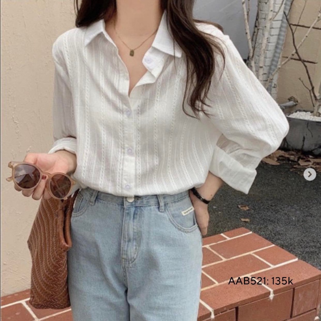 Áo sơ mi nữ from rộng áo nữ trắng chi tiết xô chỉ dọc phong cách hàn quốc CHIBEST AAB521