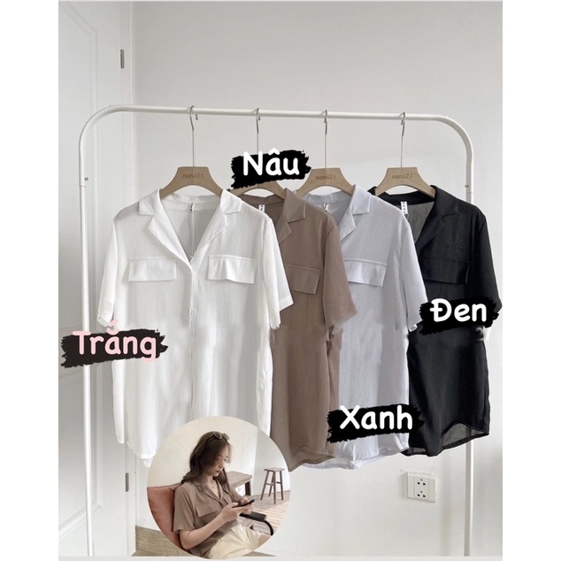 Áo sơ mi voan trơn cổ vest cộc tay túi giả, chất mát - ảnh thật hàng có sẵn