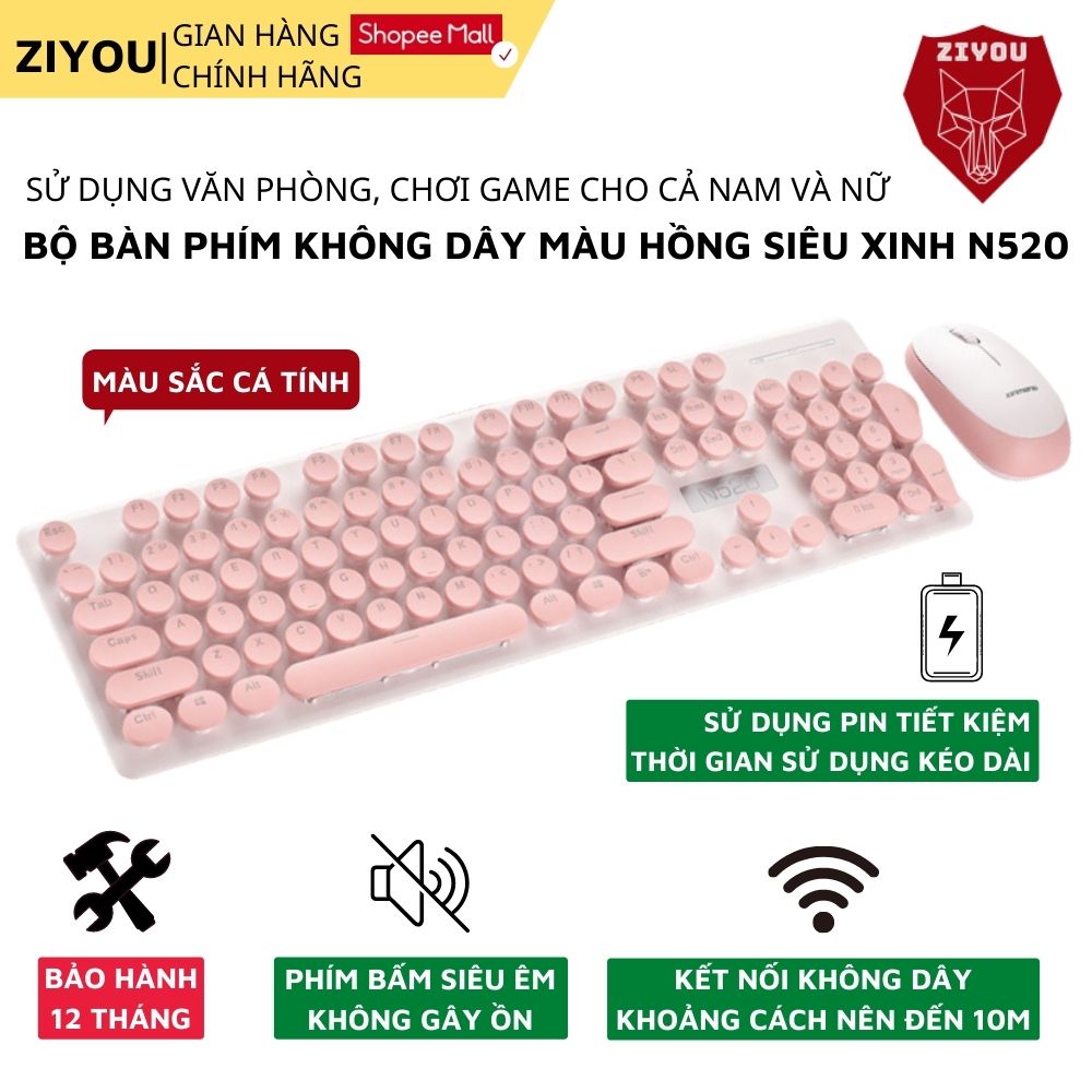 Bộ bàn phím và chuột không dây ZIYOU N520 chuẩn kết nối 2.4GHZ,màu cực đẹp,gõ cực êm,thiết kế nhỏ gọn