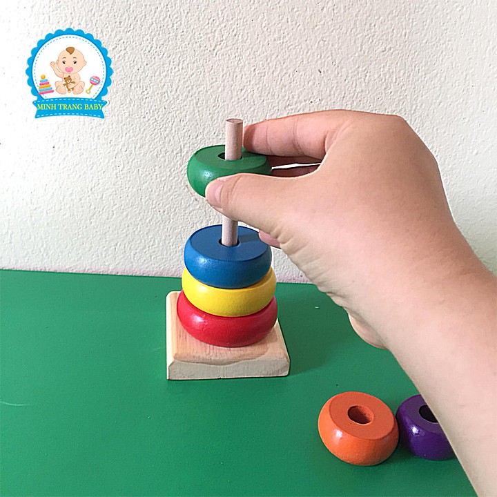 Đồ chơi gỗ tháp xếp chồng cho bé nhận biết màu sắc kích thước, Đồ chơi Montessori gỗ an toàn