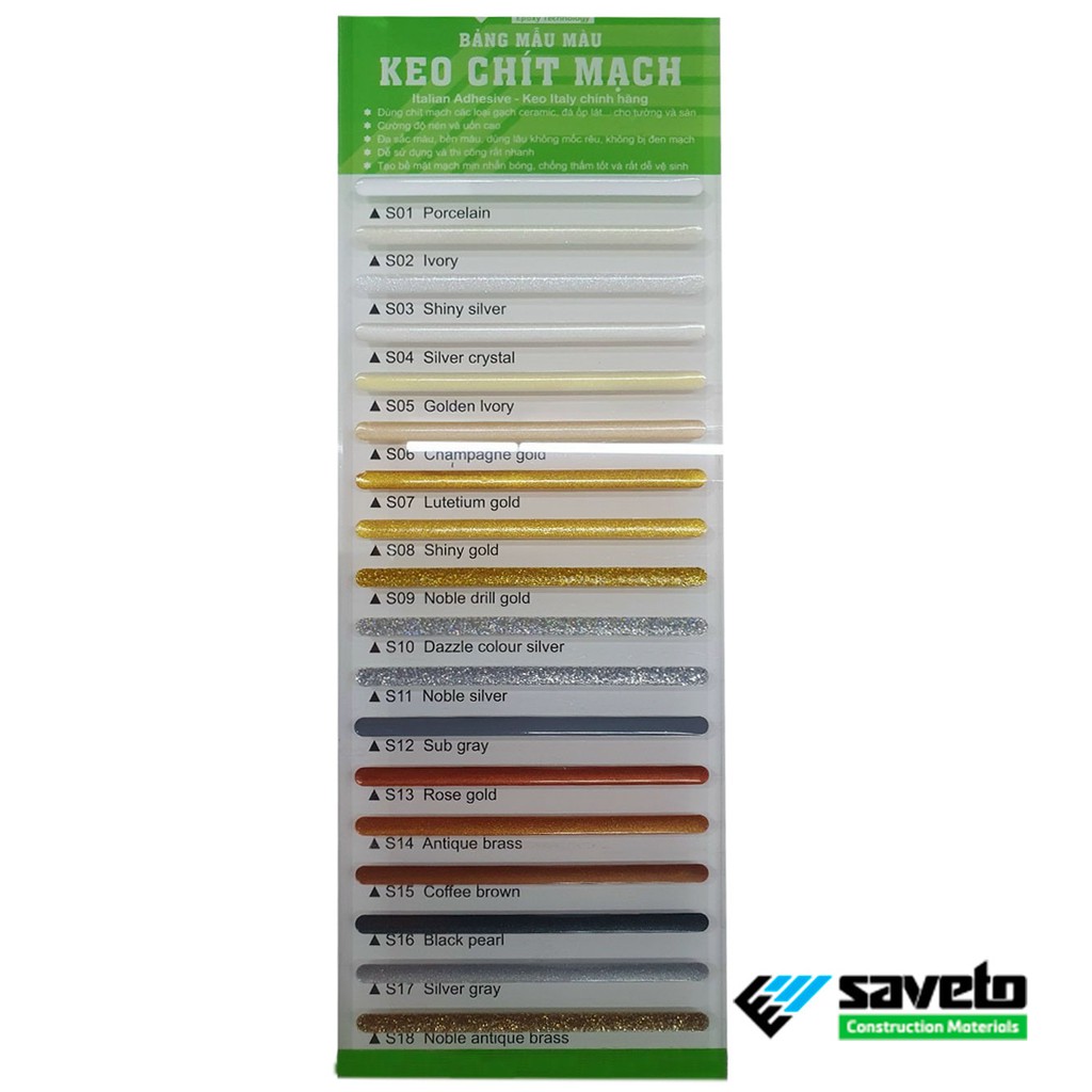 Bảng Màu Phân Biệt Màu Sắc Của Keo Chà Mạch Saveto (18 màu) - Keo epoxy 2 thành phần