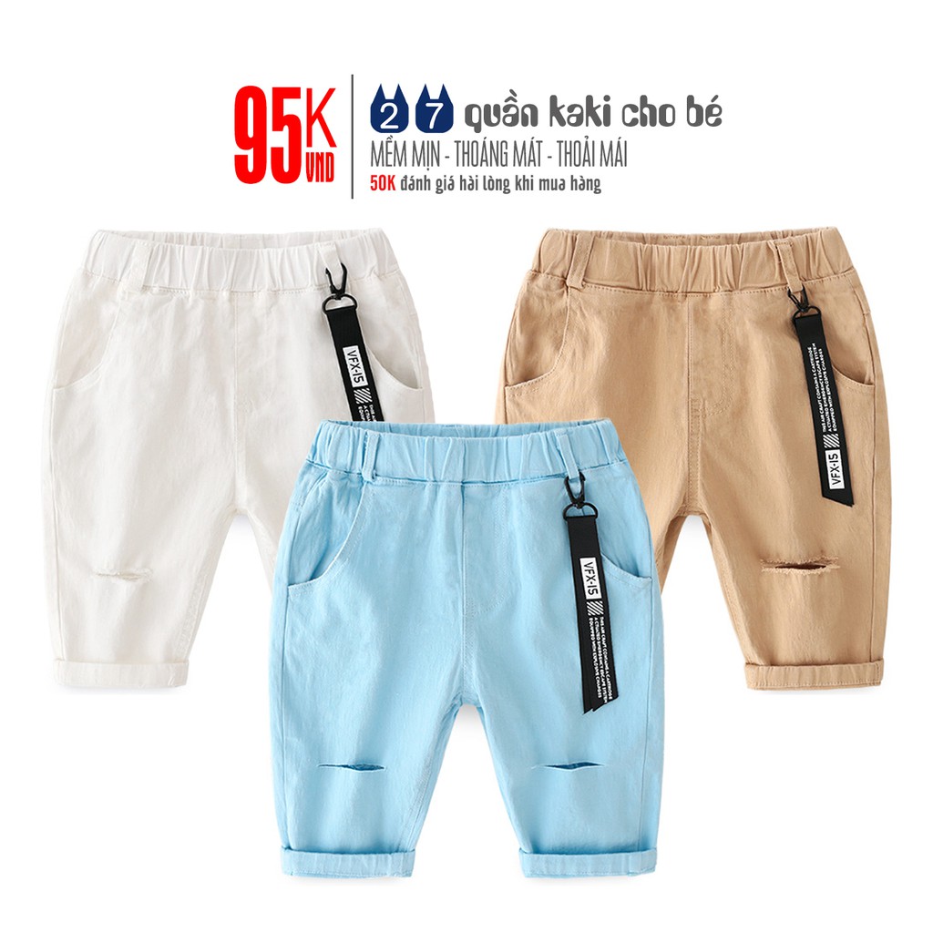 Quần Kaki bé trai WELLKIDS quần lửng cho bé hoạ tiết phối rách hàng xuất Âu Mỹ